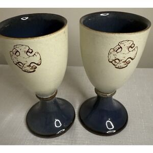 Handmade in Wales Loughorne Pottery 2 Goblets Cadw Welsh Historic Monuments 5.5"